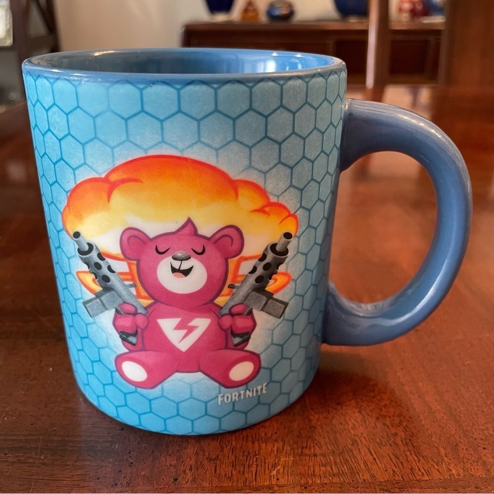 Spencer's Fortnite Coffee Mug 2018 Blue Honeycomb Pink Bear Cup Large